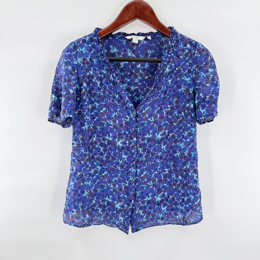 Boden Work Office Blouse Blue Purple Floral Ruffle Business Casual Women's US 6